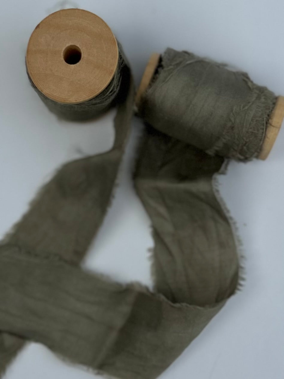 Recycled Sari Silk Ribbon in Green / Grey