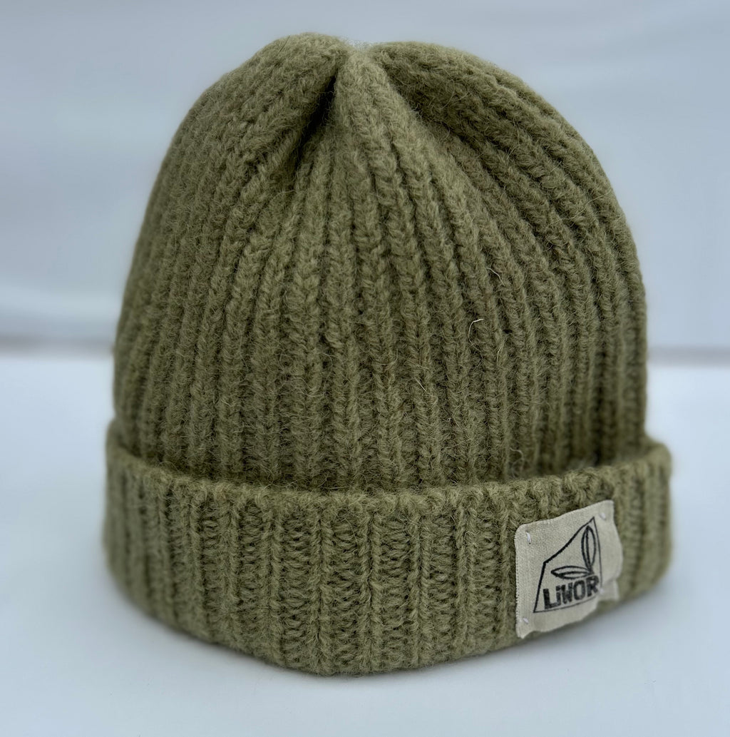 British Wool Rib Beanie in Green / Grey
