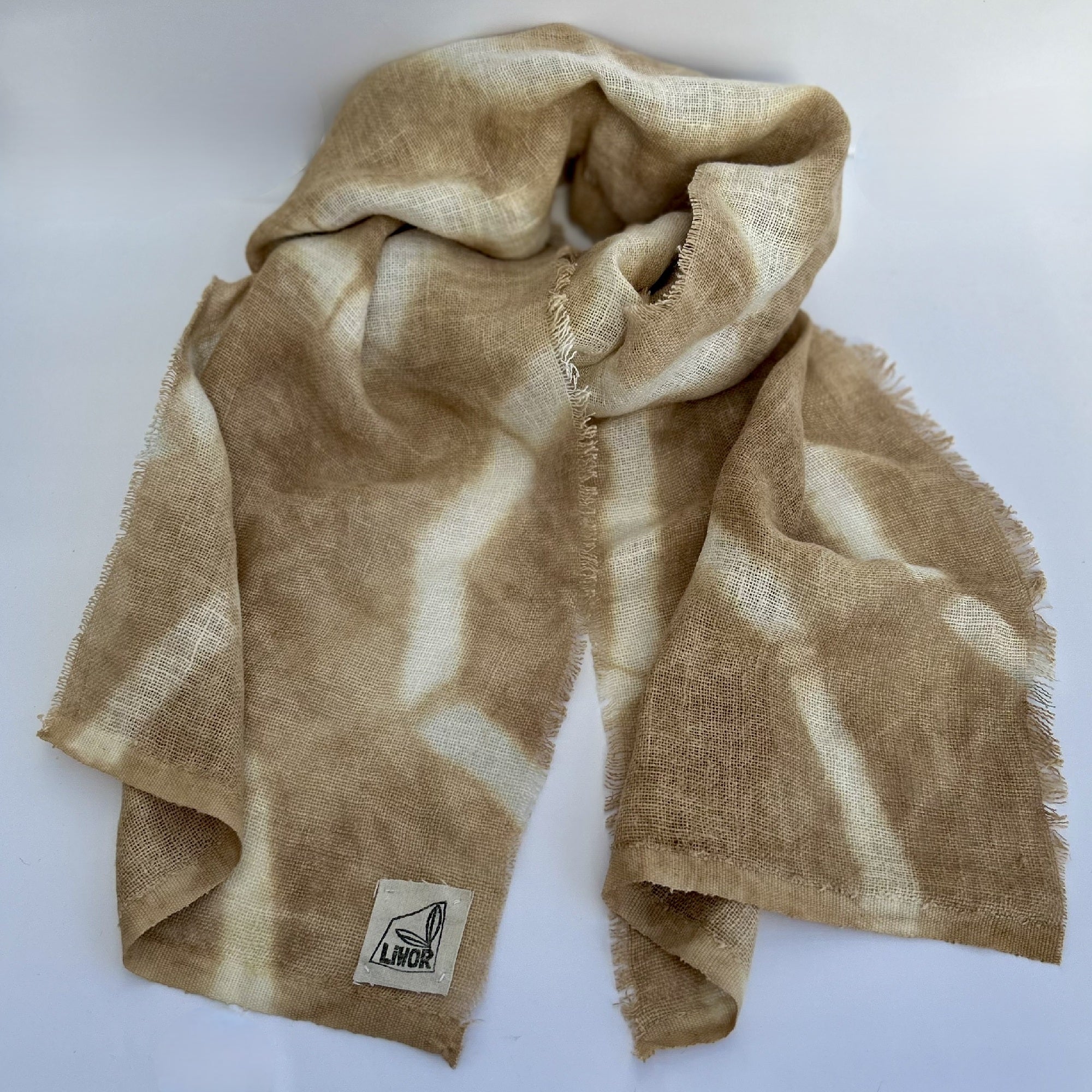 Linen Gauze Scarf in Warm Beige Shibori Ring